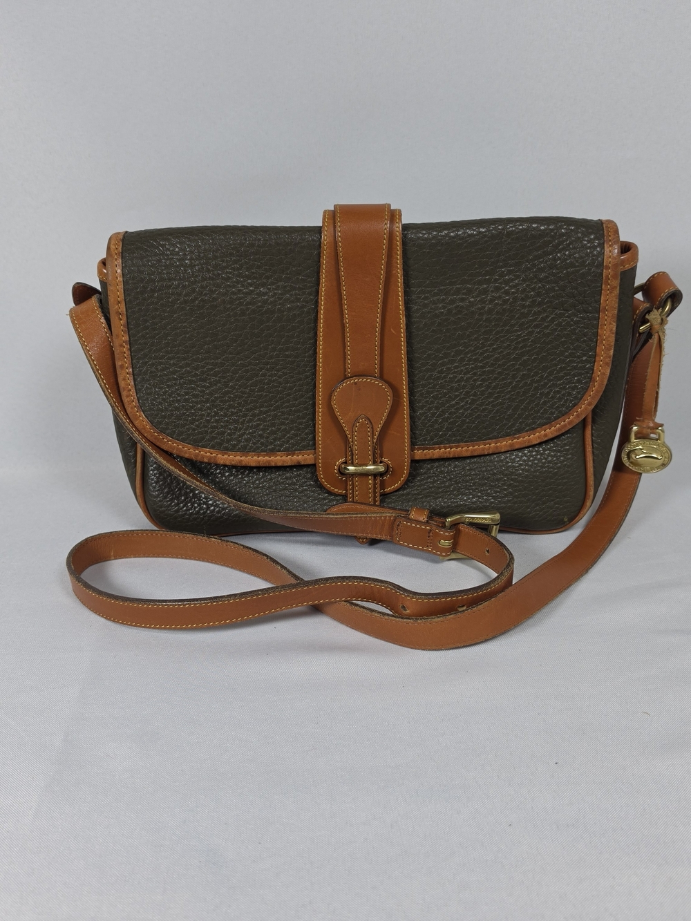 Dooney & Bourke Vintage AWL Olive Green Leather Flap Crossbody Bag Brass Fob